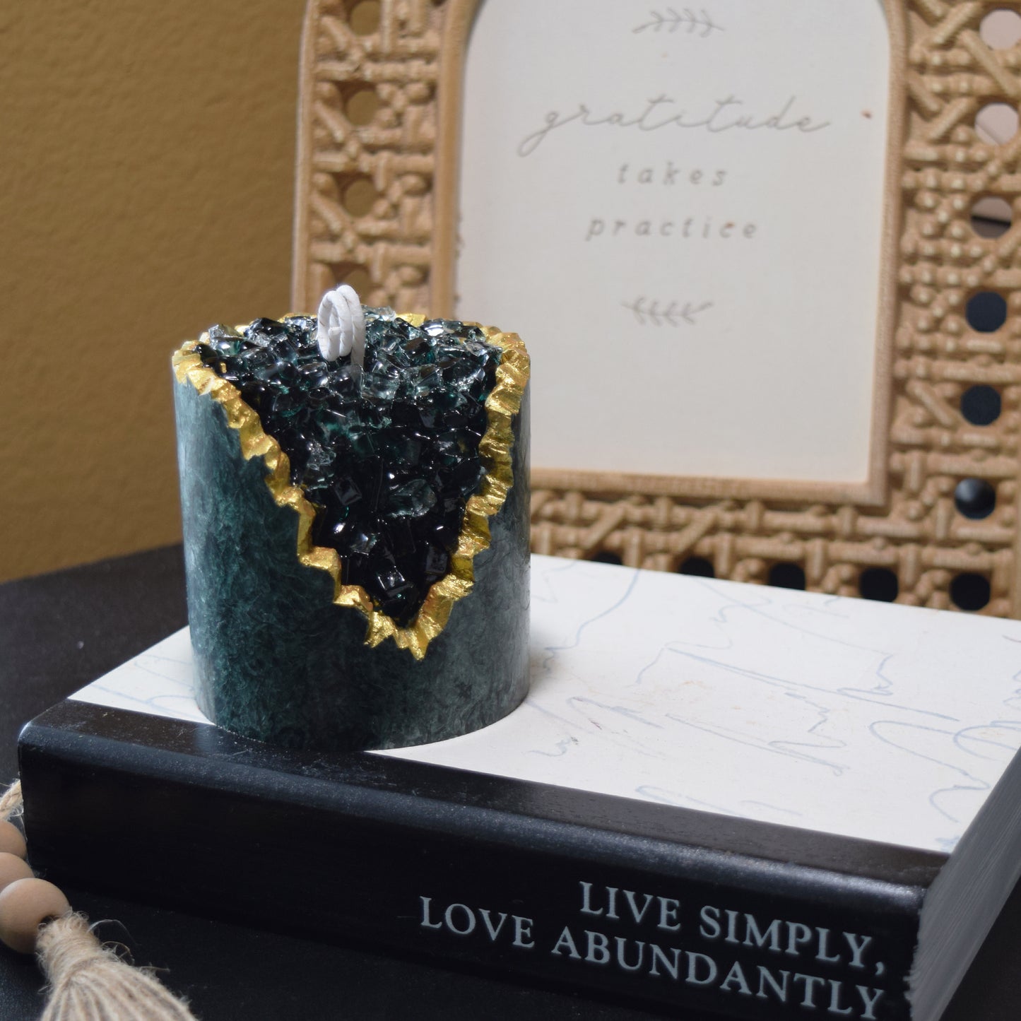 Emerald Textured Crystal Candle Handcrafted Green Geode Candle with Gold Edge