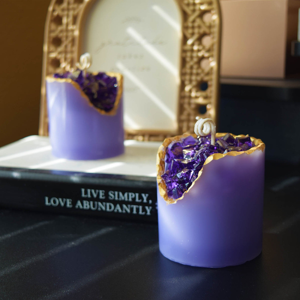 Style an Amethyst Geode Candle on Charcoal Ceramic