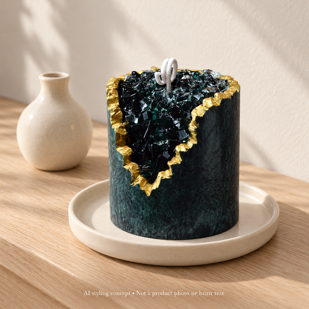 Style an Emerald Geode Candle with Ivory Ceramics