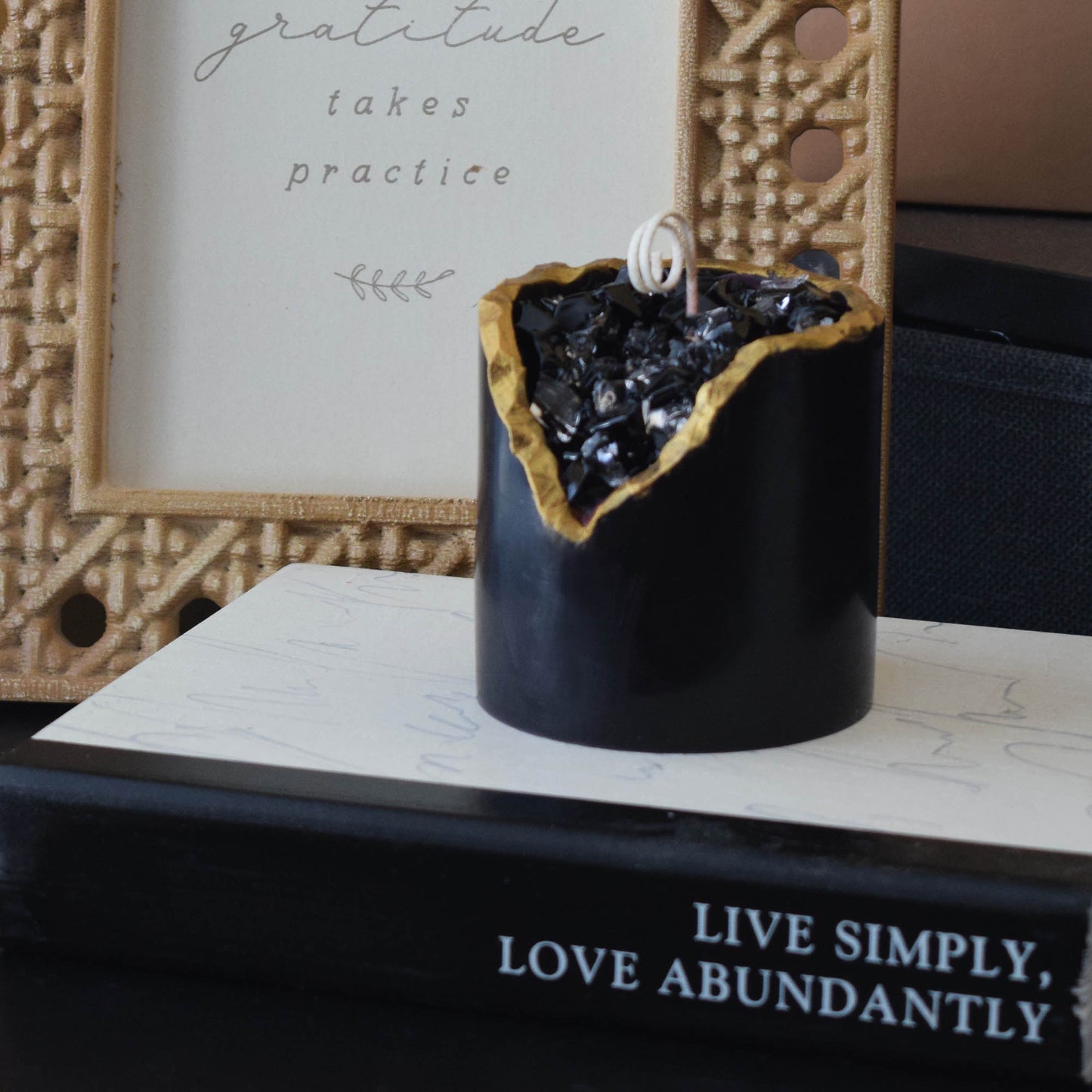 Obsidian Crystal Candle Smooth Black Geode with Gold Edge