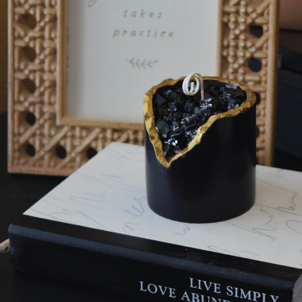 Obsidian Crystal Candle Smooth Black Geode with Gold Edge