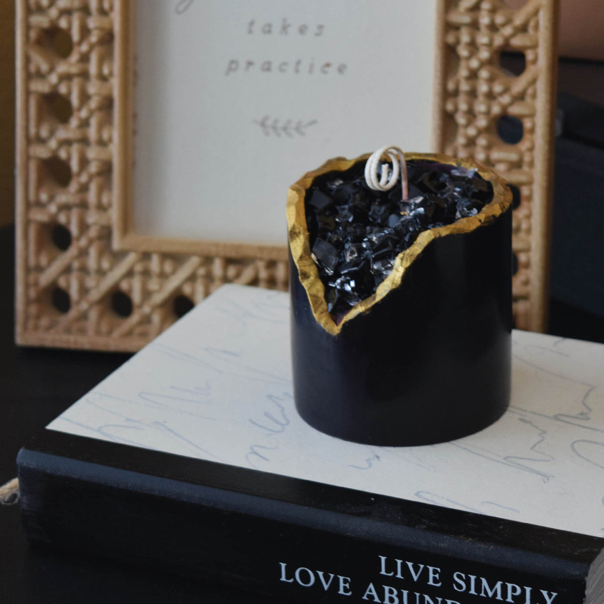 Obsidian Crystal Candle Smooth Black Geode with Gold Edge