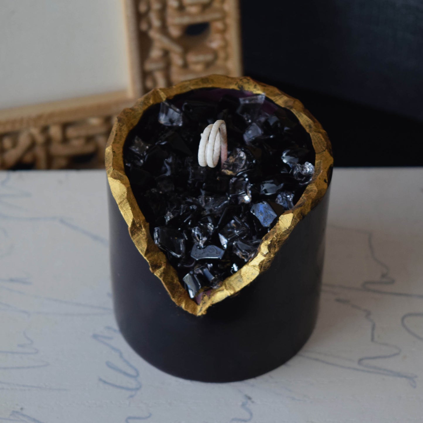 Obsidian Crystal Candle Smooth Black Geode with Gold Edge