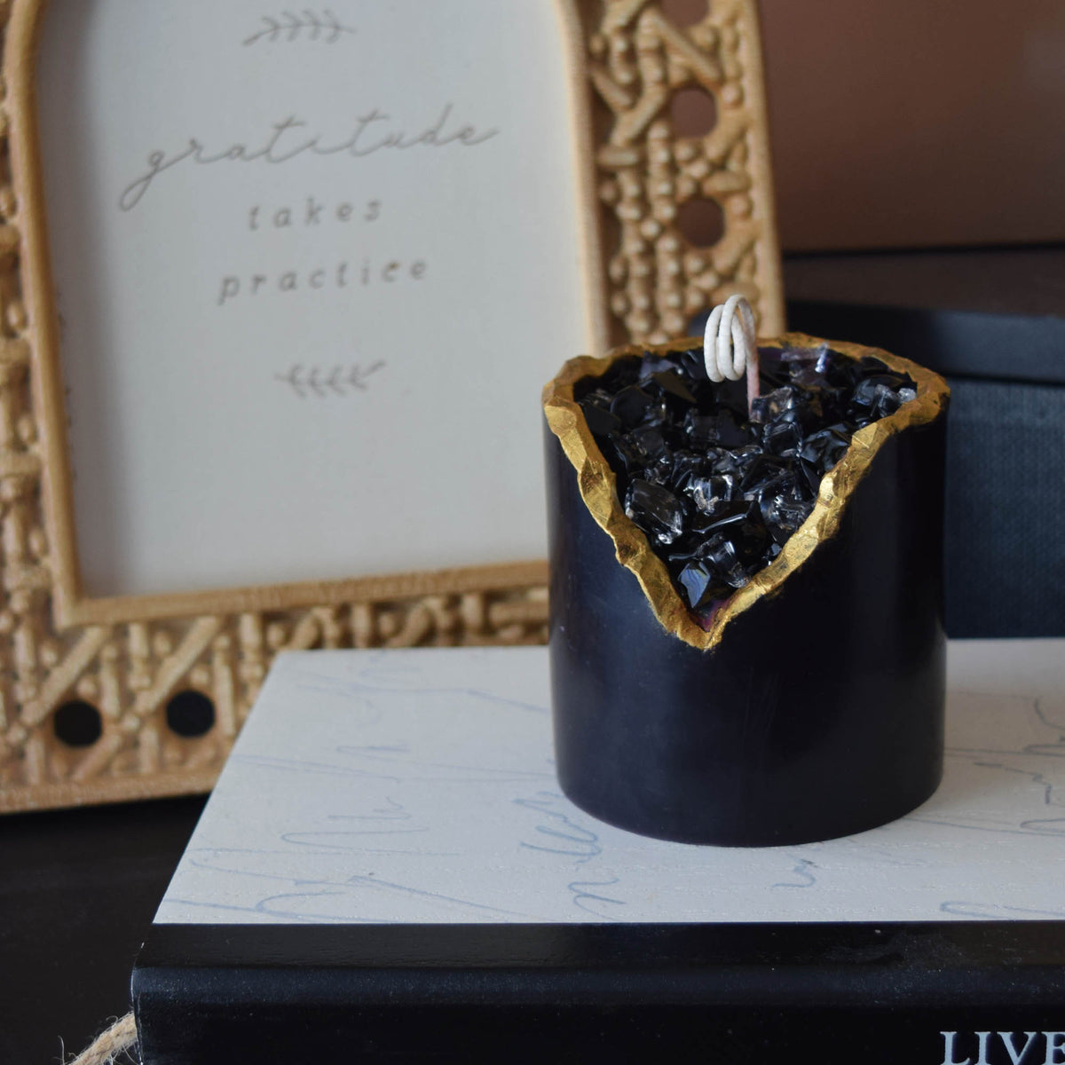 Obsidian Crystal Candle Smooth Black Geode with Gold Edge