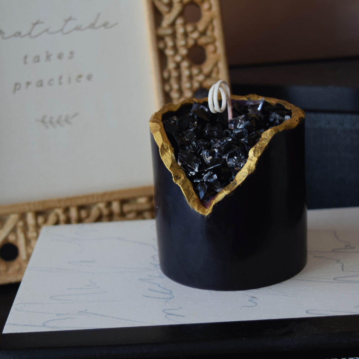 Obsidian Crystal Candle Smooth Black Geode with Gold Edge