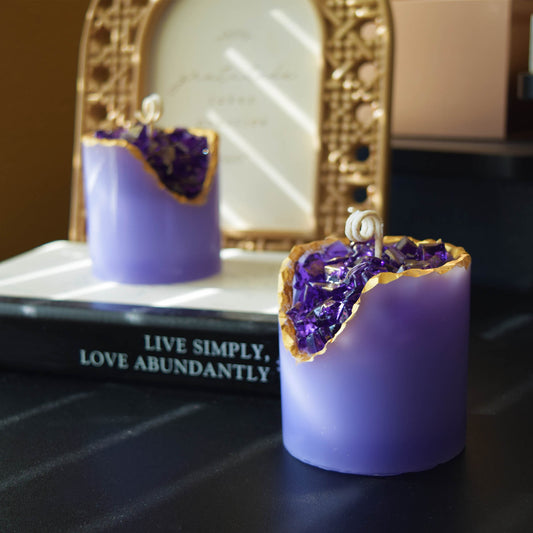 Amethyst Crystal Candle Smooth Geode with Gold Edge