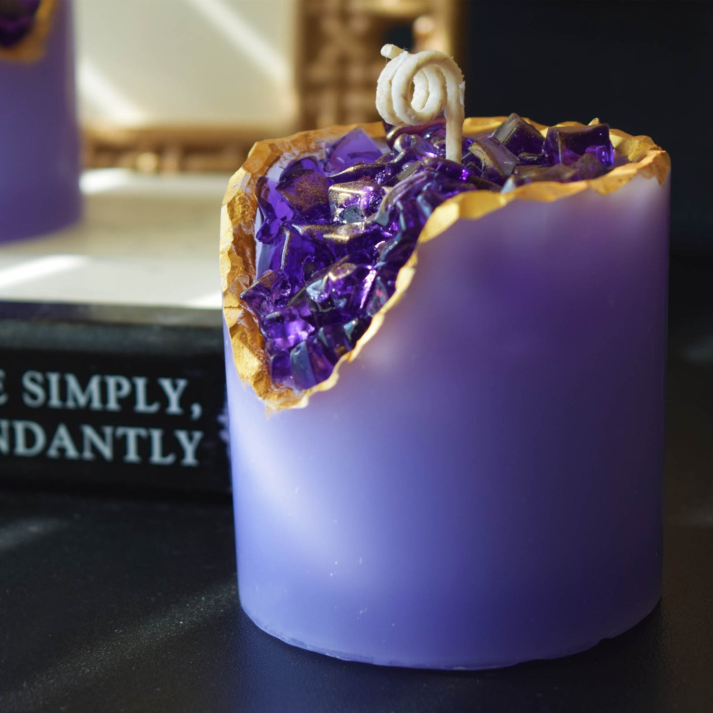 Amethyst Crystal Candle Smooth Geode with Gold Edge