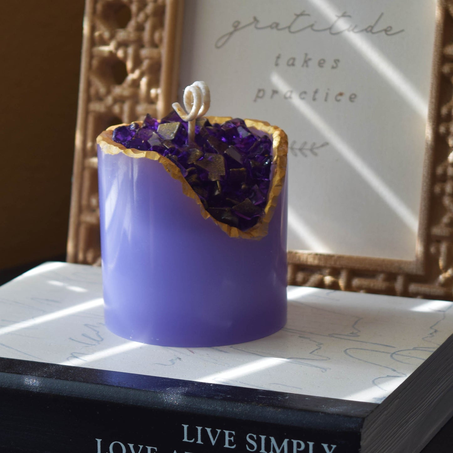 Amethyst Crystal Candle Smooth Geode with Gold Edge