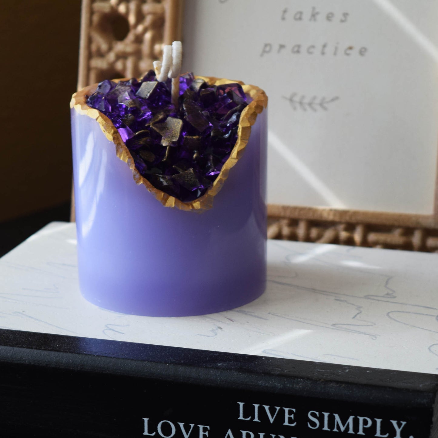 Amethyst Crystal Candle Smooth Geode with Gold Edge
