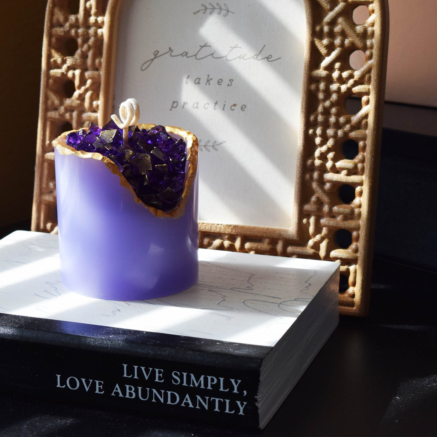Amethyst Crystal Candle Smooth Geode with Gold Edge