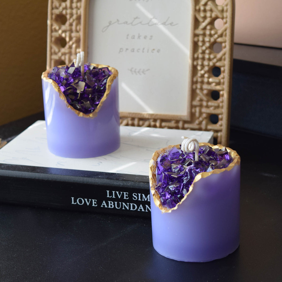Amethyst Crystal Candle Smooth Geode with Gold Edge