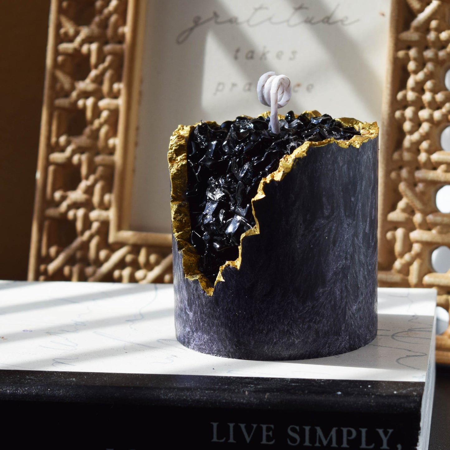 Black Textured Crystal Candle Handcrafted Geode with Gold Edge