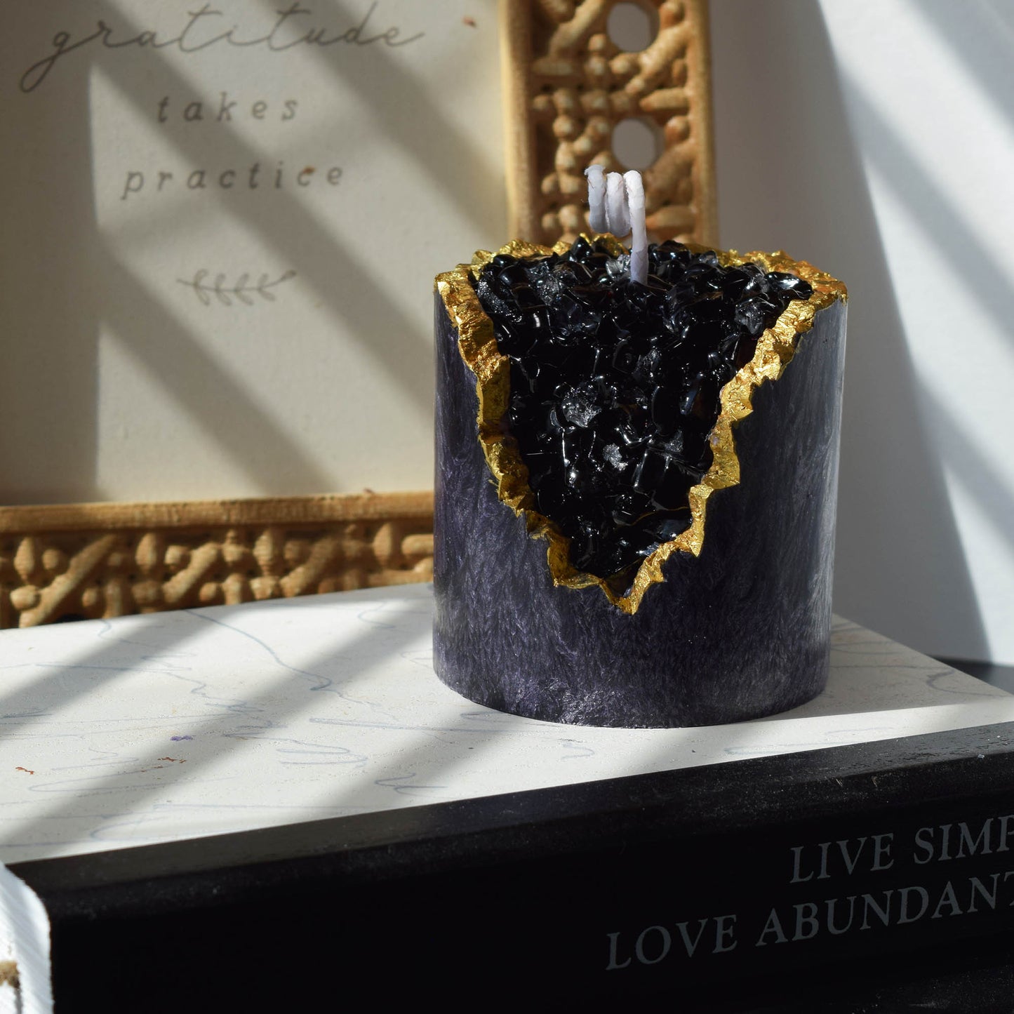 Black Textured Crystal Candle Handcrafted Geode with Gold Edge