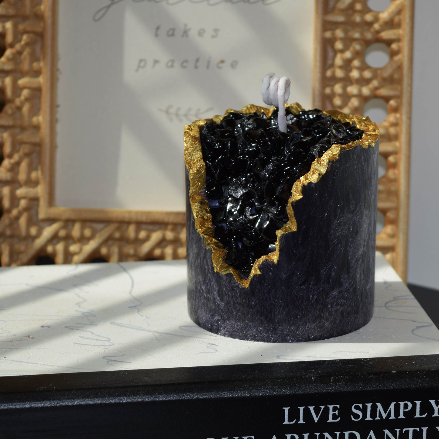 Black Textured Crystal Candle Handcrafted Geode with Gold Edge