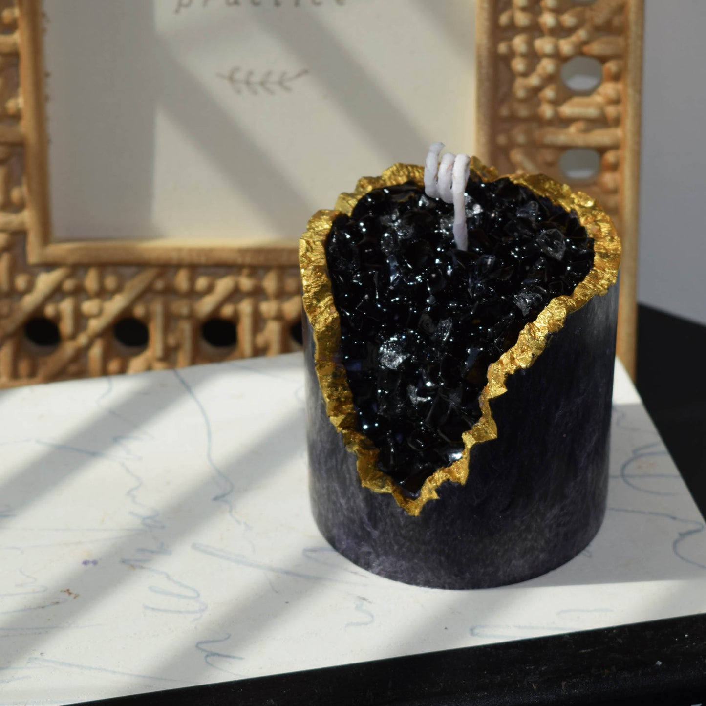 Black Textured Crystal Candle Handcrafted Geode with Gold Edge