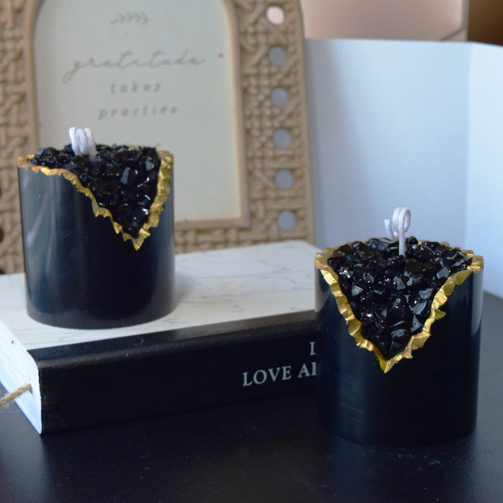 Obsidian Crystal Candle Smooth Black Geode with Gold Edge
