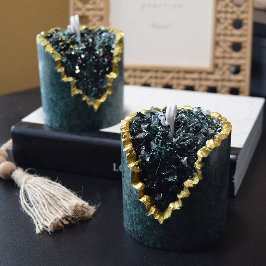 Emerald Textured Crystal Candle Handcrafted Green Geode Candle with Gold Edge