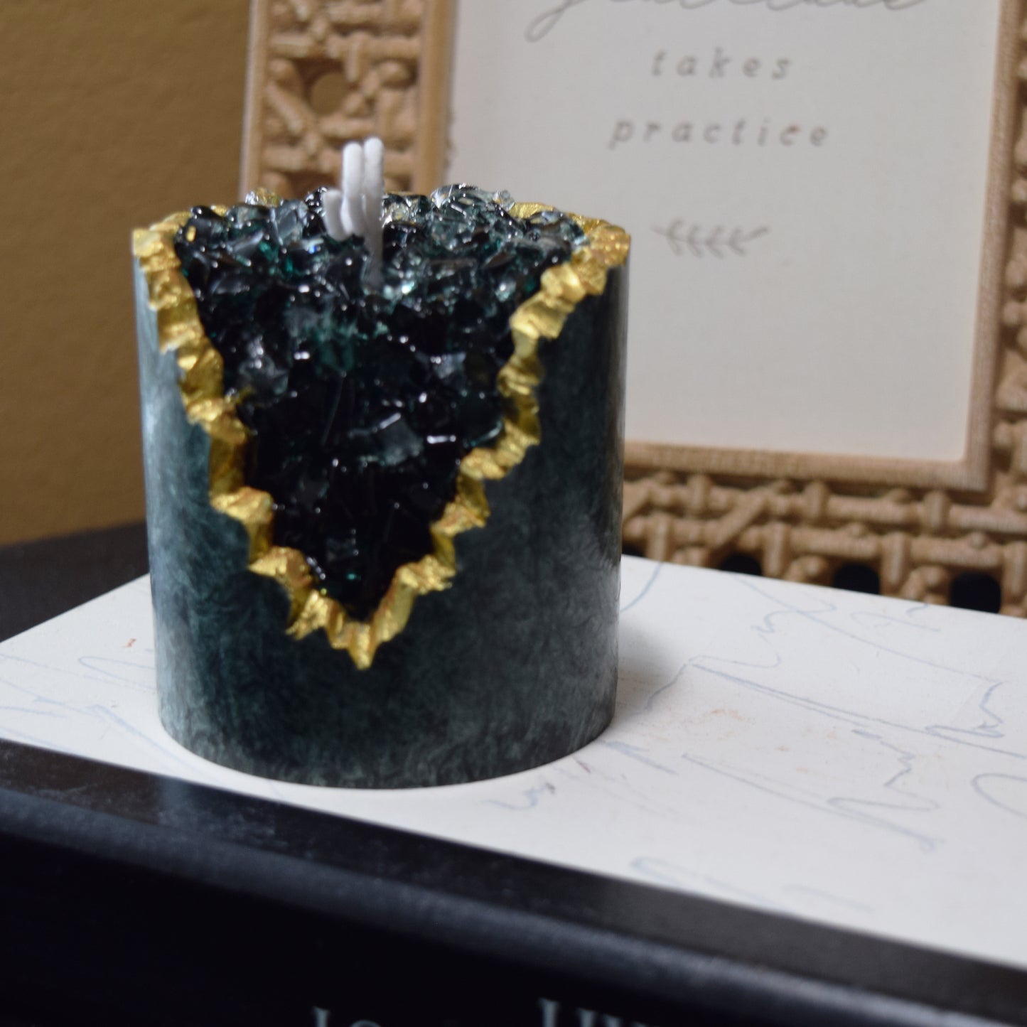 Emerald Textured Crystal Candle Handcrafted Green Geode Candle with Gold Edge