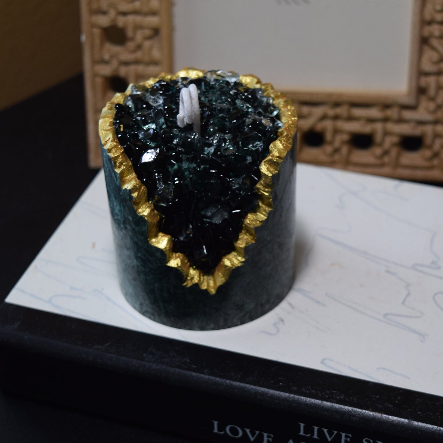 Emerald Textured Crystal Candle Handcrafted Green Geode Candle with Gold Edge