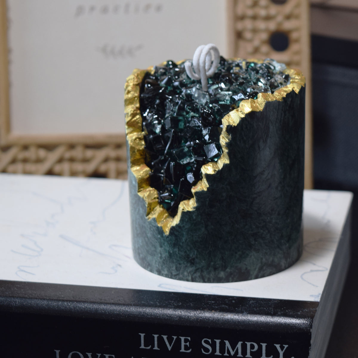 Emerald Textured Crystal Candle Handcrafted Green Geode Candle with Gold Edge