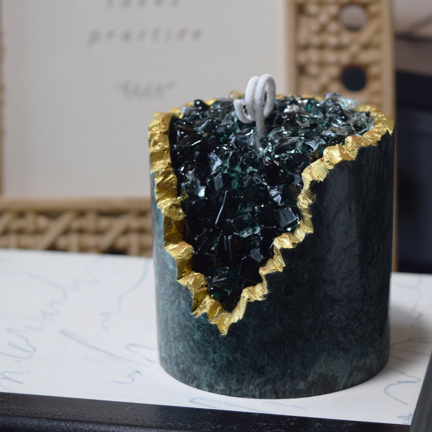 Emerald Textured Crystal Candle Handcrafted Green Geode Candle with Gold Edge
