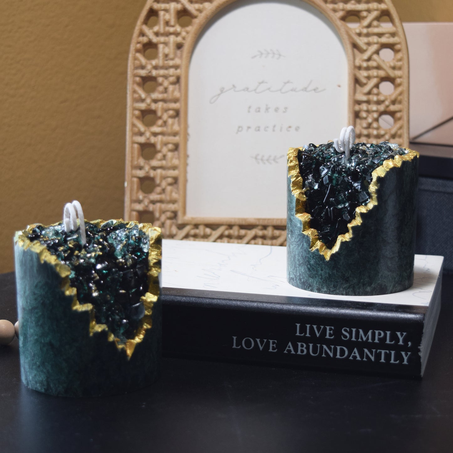 Emerald Textured Crystal Candle Handcrafted Green Geode Candle with Gold Edge