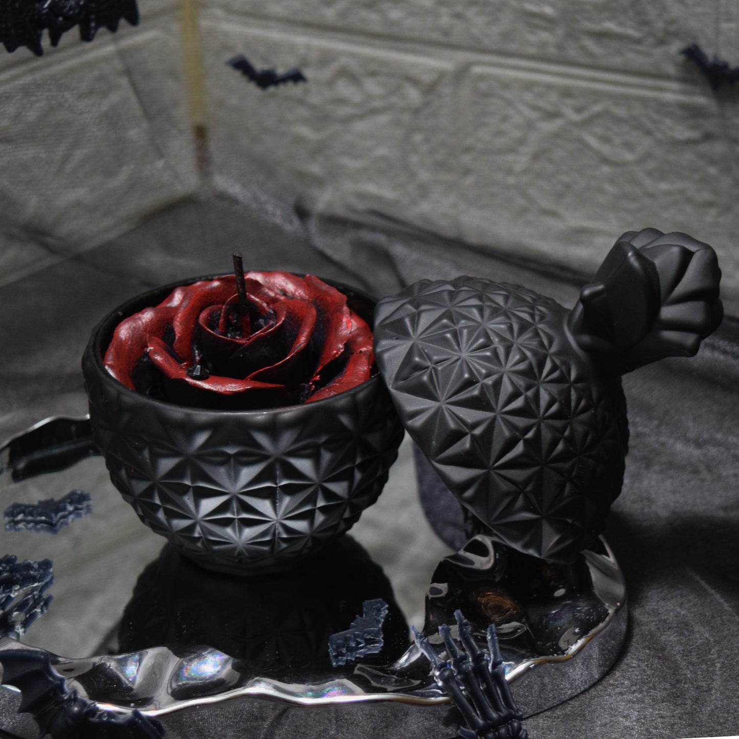 Gothic Black & Red Floral Wax Candle Dark Romantic Home Decor