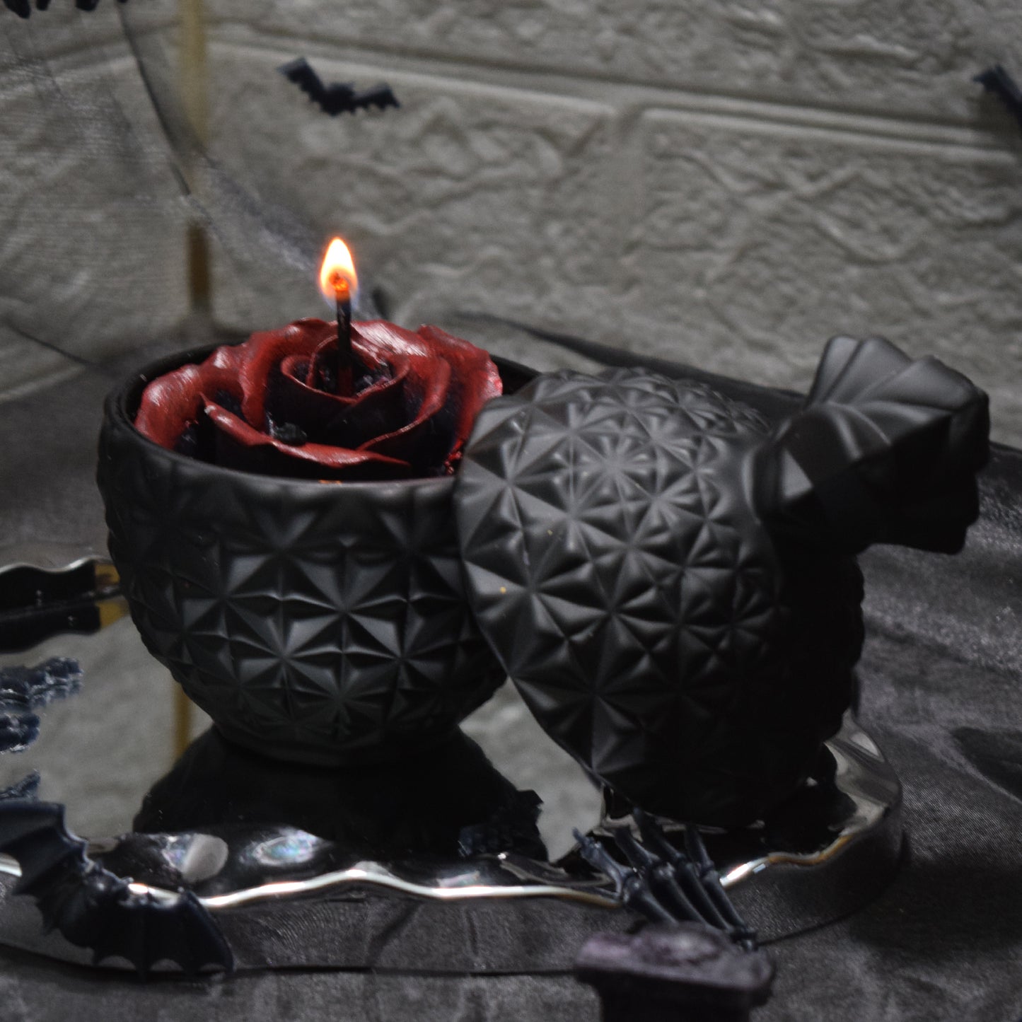 Gothic Black & Red Floral Wax Candle Dark Romantic Home Decor