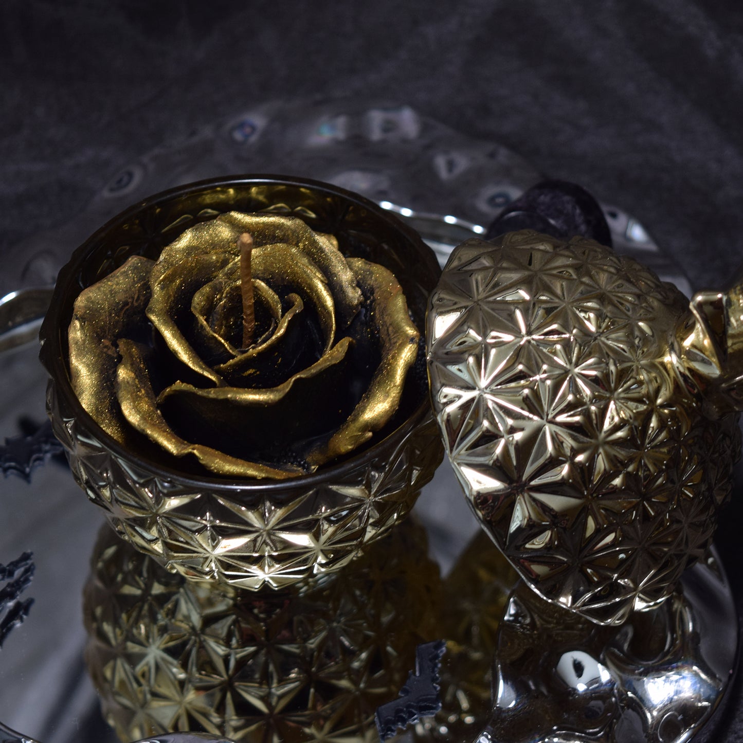 Gothic Gold & Black Floral Wax Candle Dark Romantic Home Decor