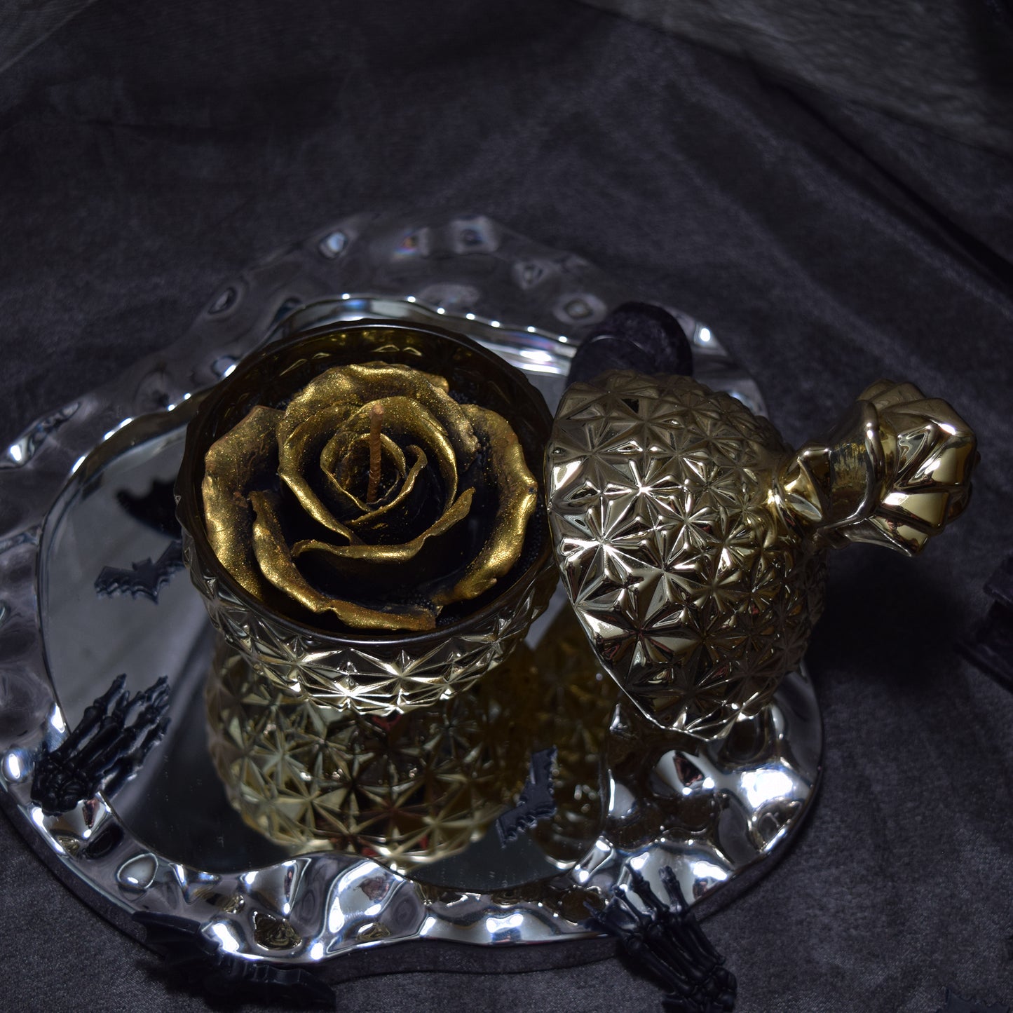 Gothic Gold & Black Floral Wax Candle Dark Romantic Home Decor