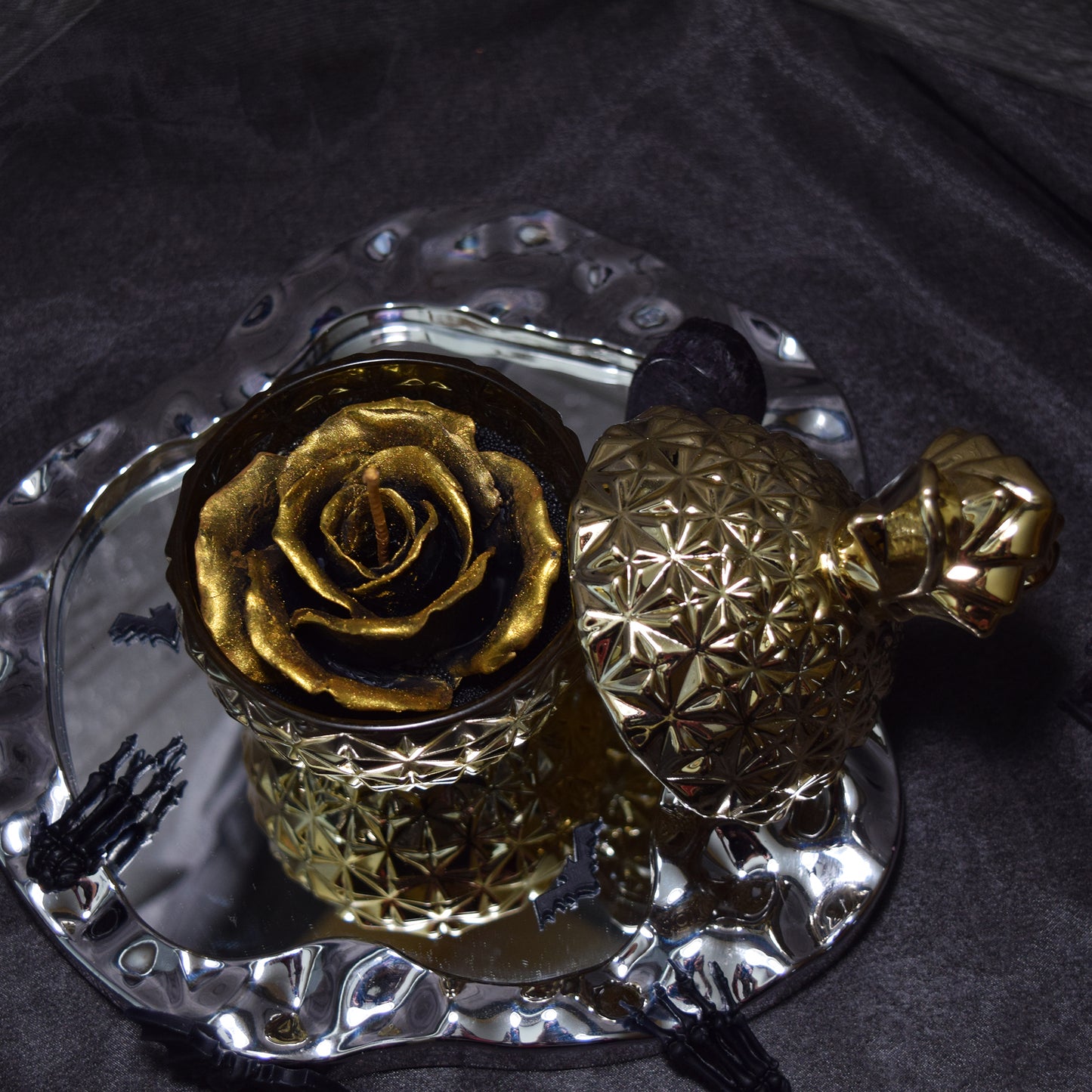 Gothic Gold & Black Floral Wax Candle Dark Romantic Home Decor