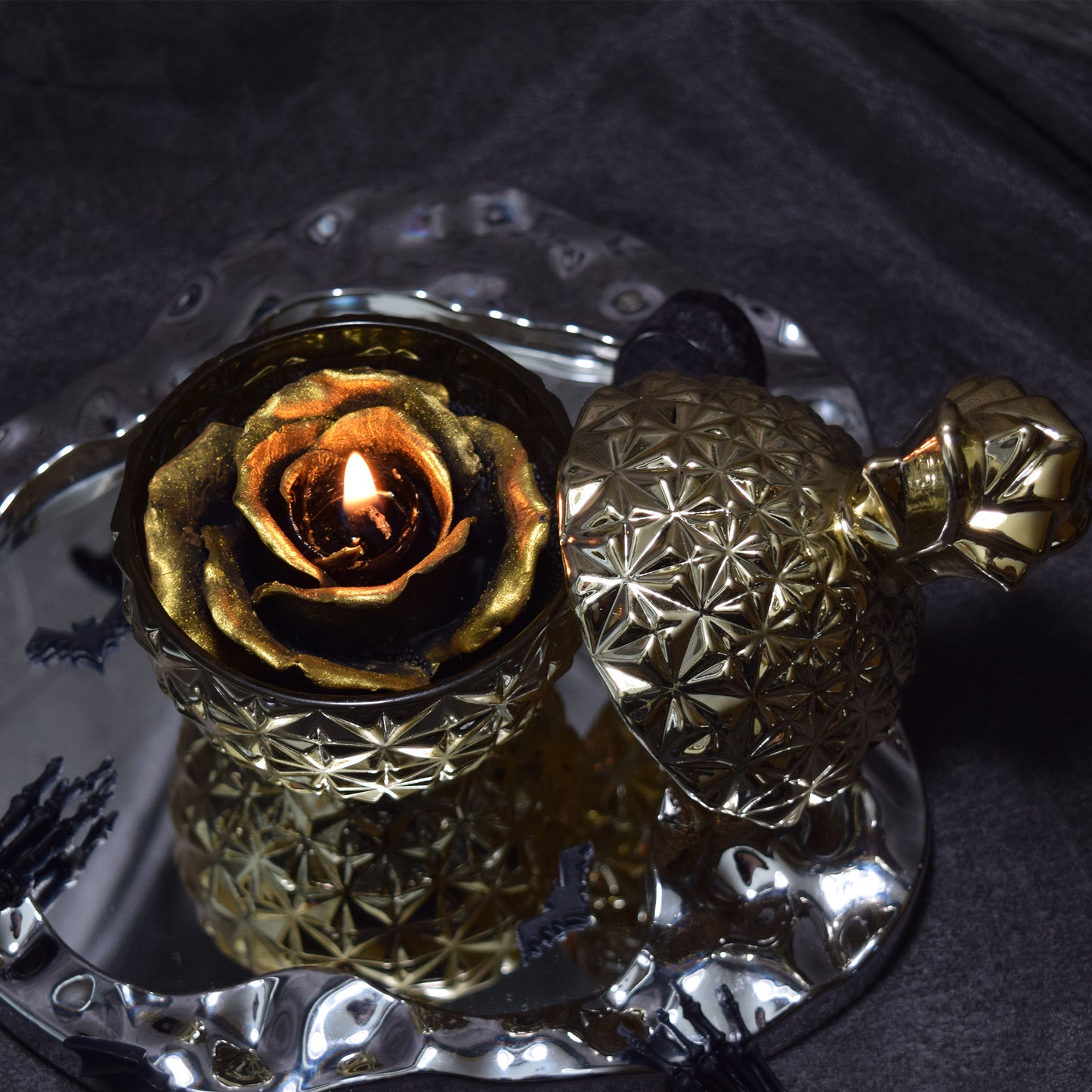 Gothic Gold & Black Floral Wax Candle Dark Romantic Home Decor