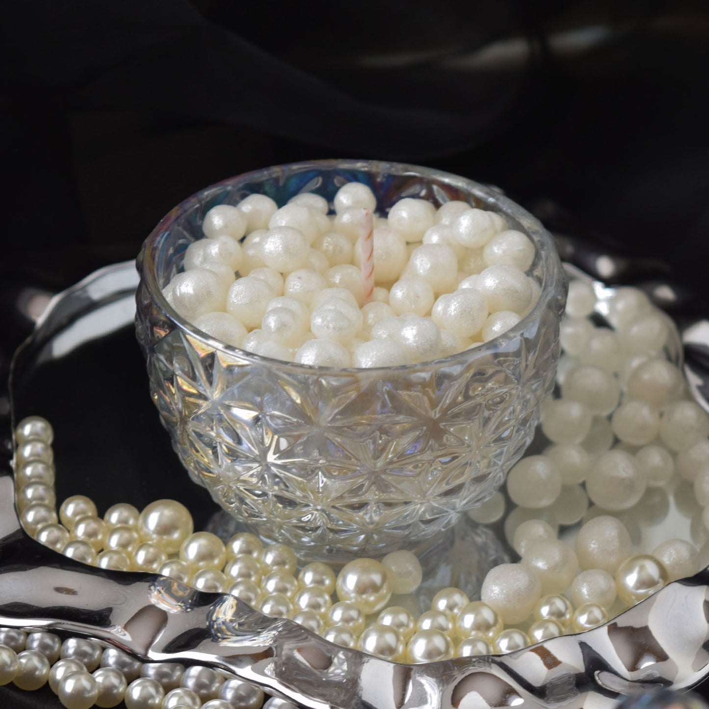 Pearl Beeswax Candle Pearls Gift Set Crystal Glass Jar, Refillable