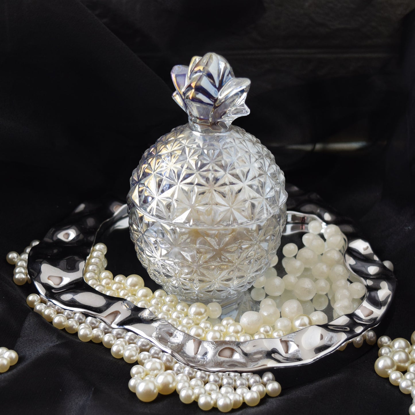 Pearl Beeswax Candle Pearls Gift Set Crystal Glass Jar, Refillable