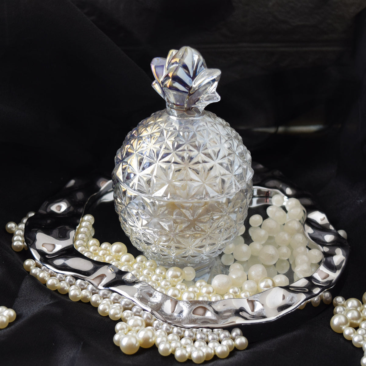 Pearl Beeswax Candle Pearls Gift Set Crystal Glass Jar, Refillable