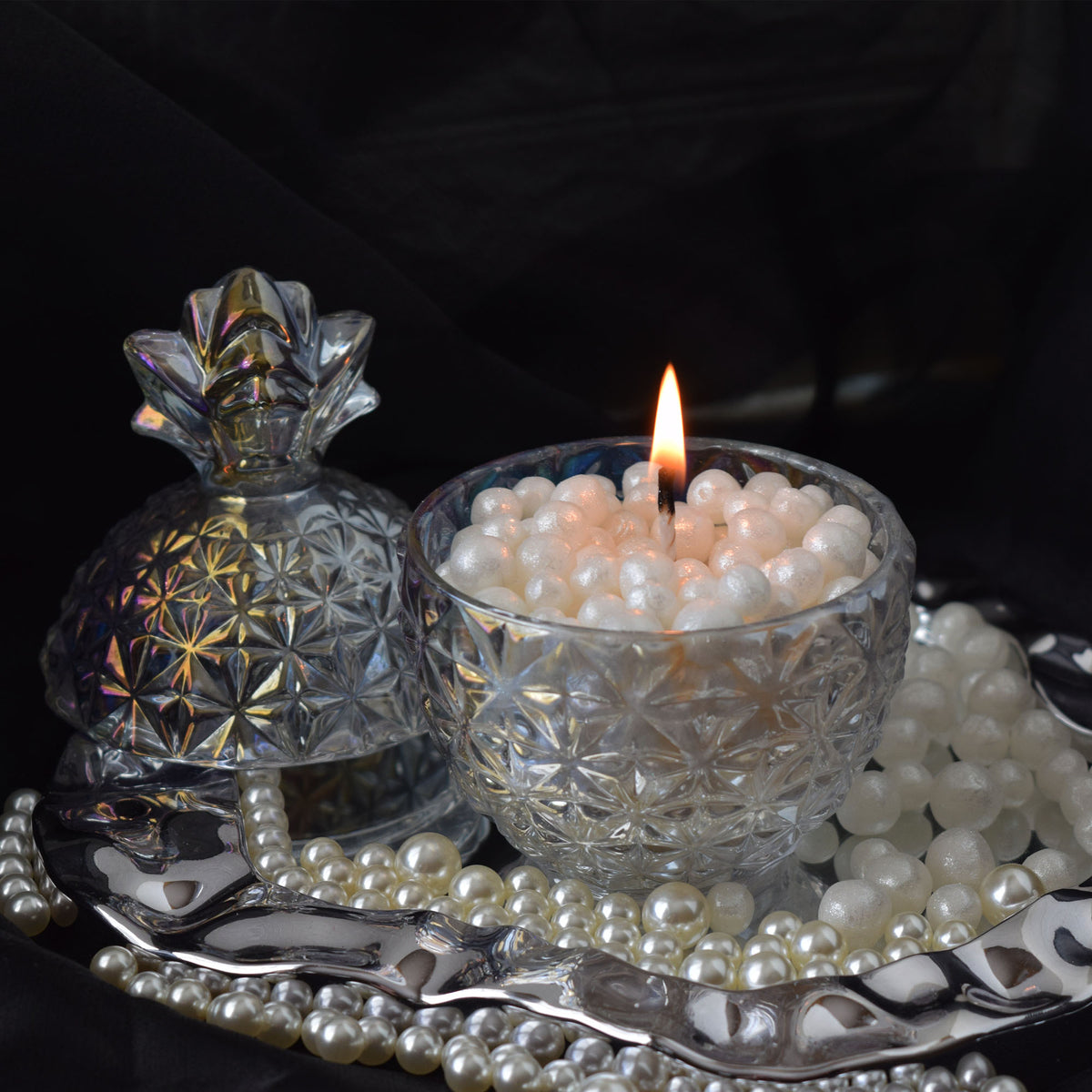 Pearl Beeswax Candle Pearls Gift Set Crystal Glass Jar, Refillable