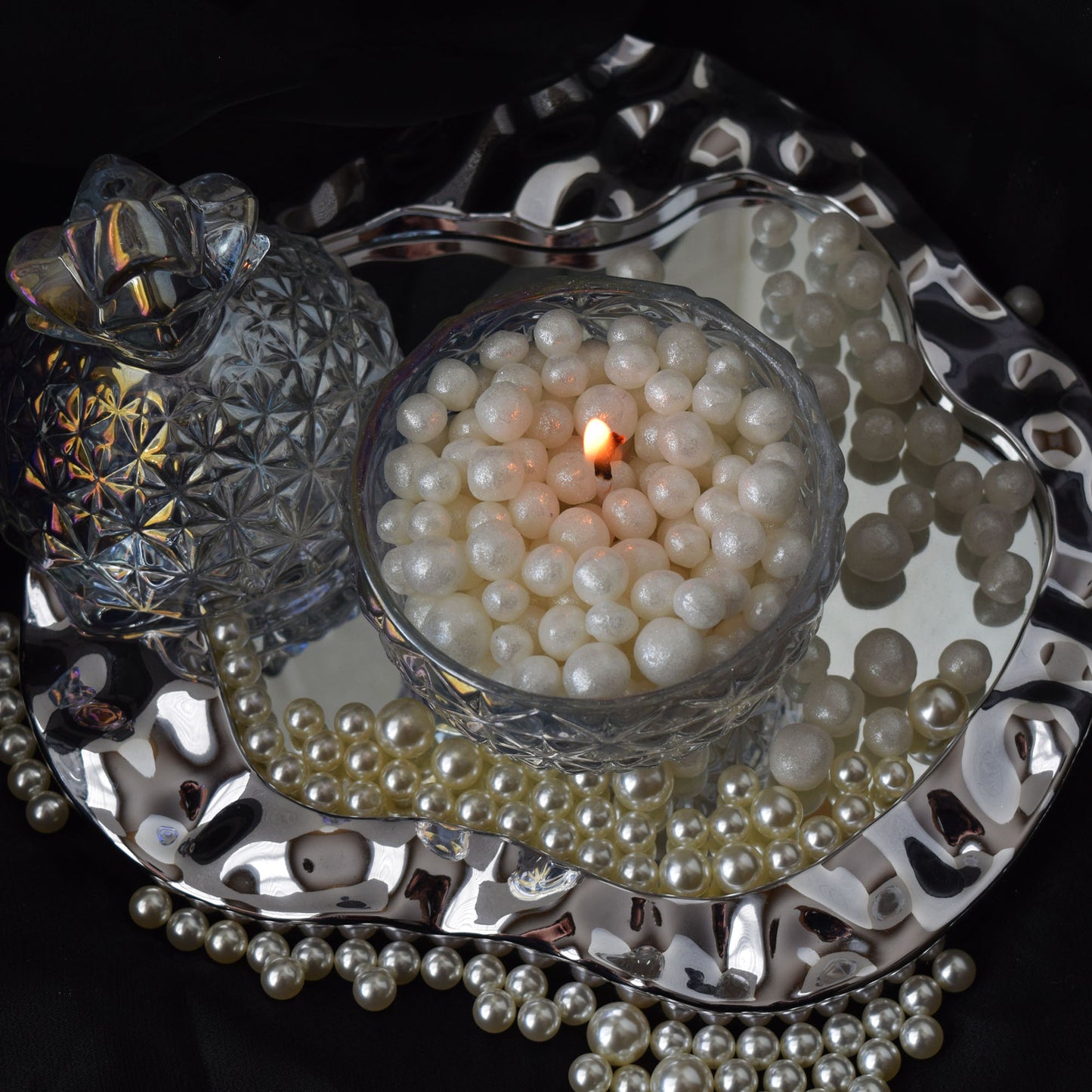 Pearl Beeswax Candle Pearls Gift Set Crystal Glass Jar, Refillable