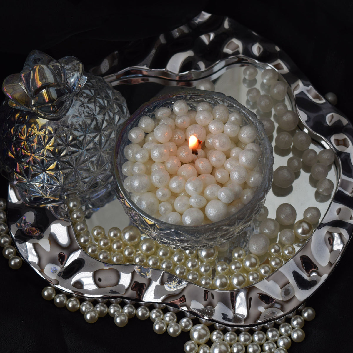 Pearl Beeswax Candle Pearls Gift Set Crystal Glass Jar, Refillable