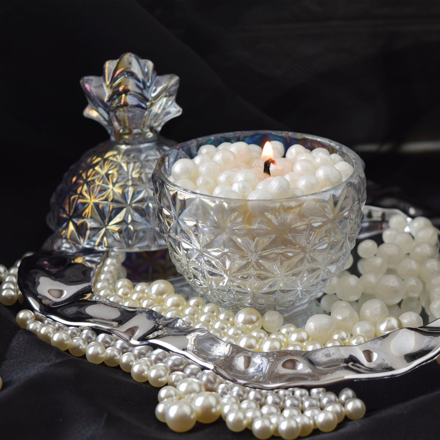 Pearl Beeswax Candle Pearls Gift Set Crystal Glass Jar, Refillable
