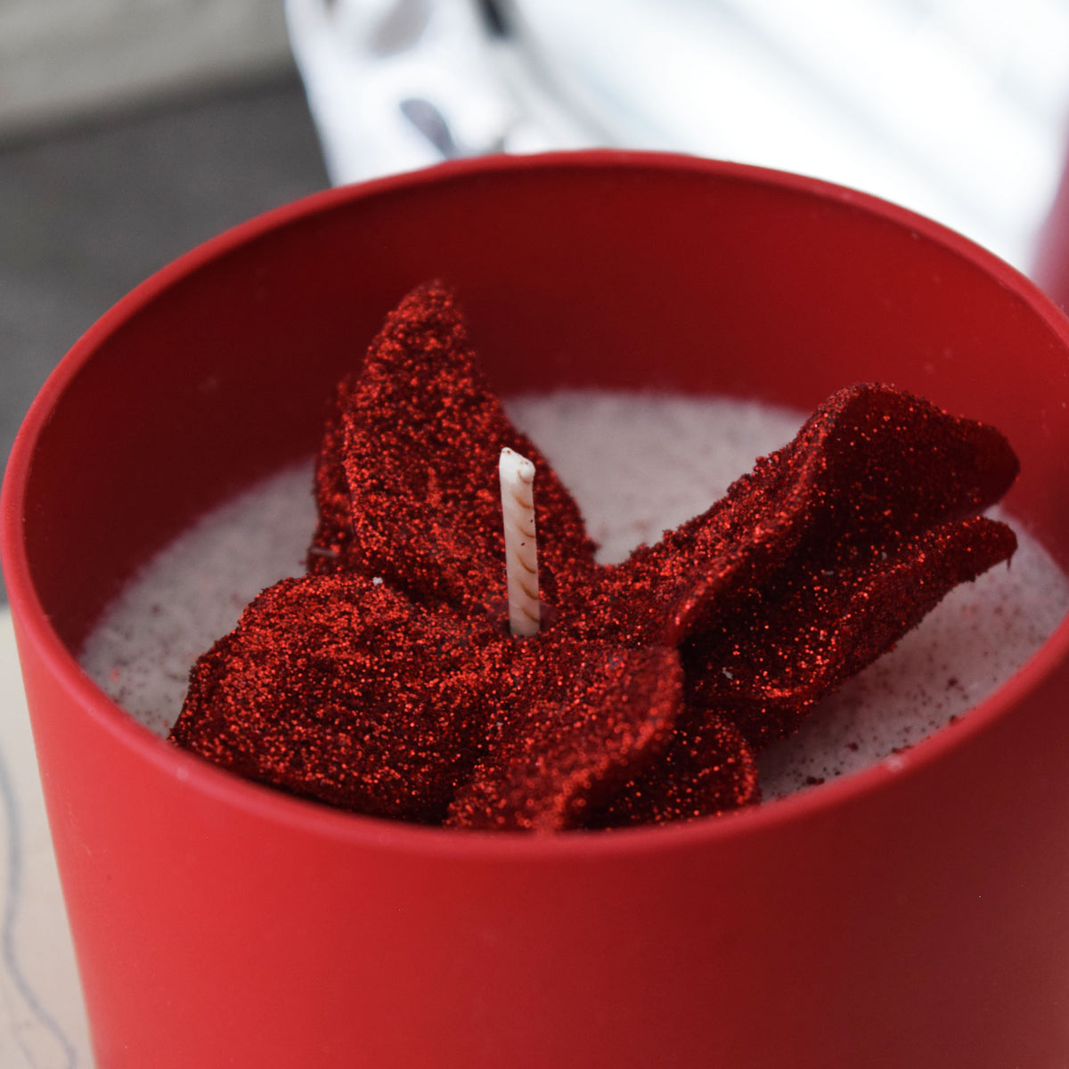 Red Butterfly Candle Frosted Tin Floral Design