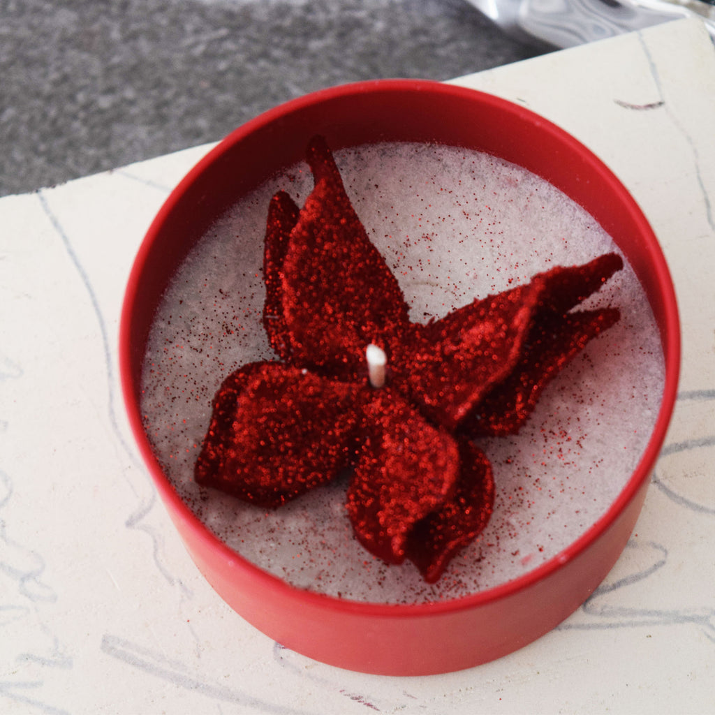 Red Butterfly Candle Frosted Tin Floral Design