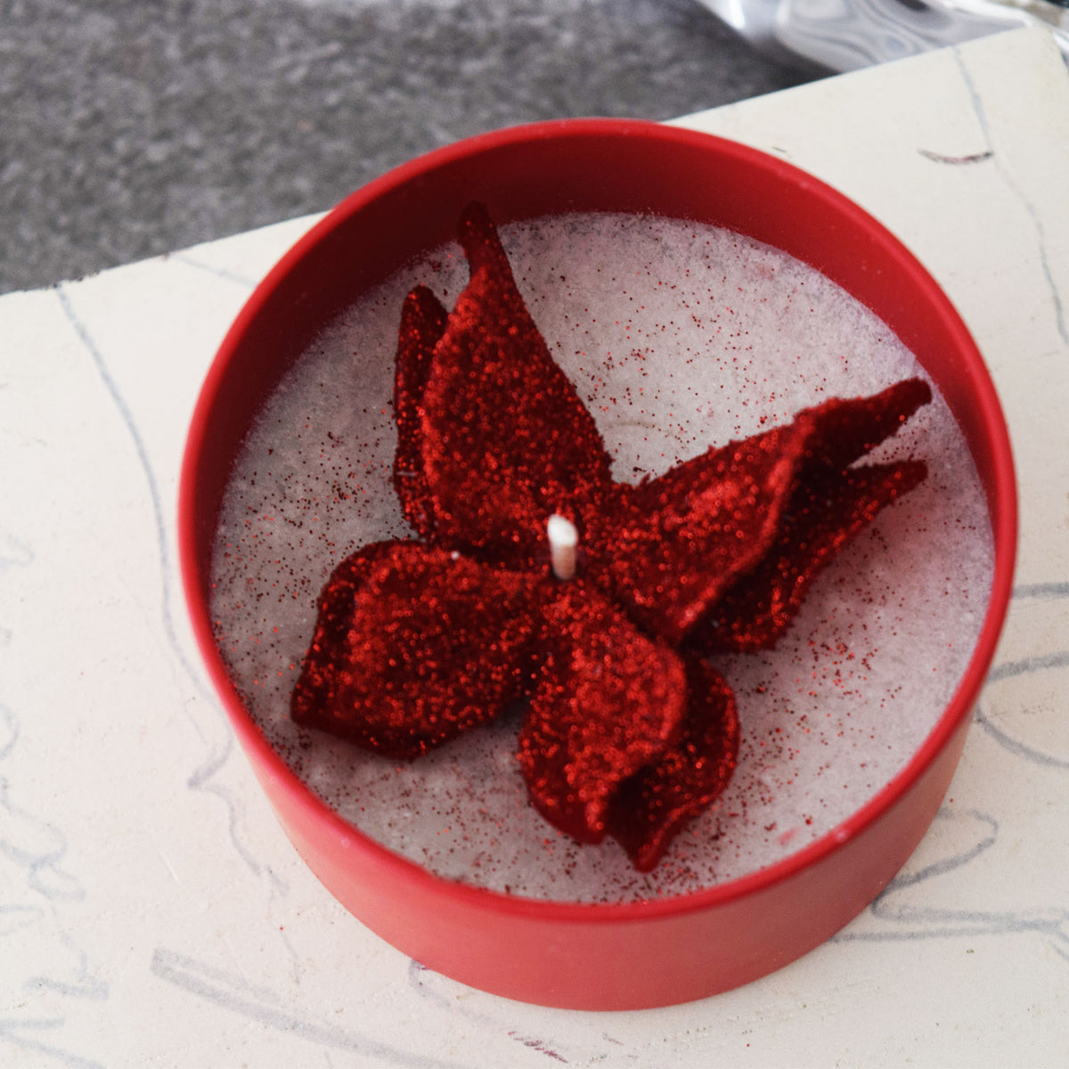 Red Butterfly Candle Frosted Tin Floral Design
