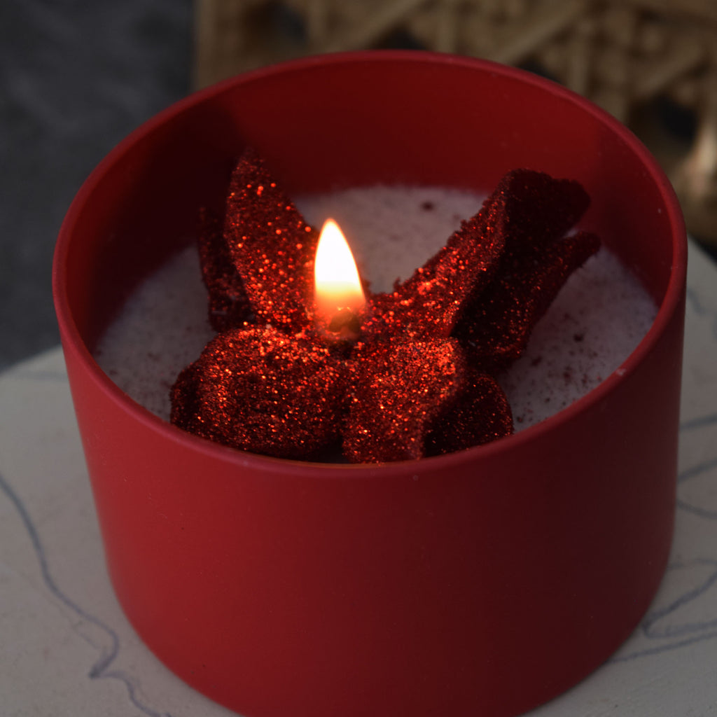 Red Butterfly Candle Frosted Tin Floral Design