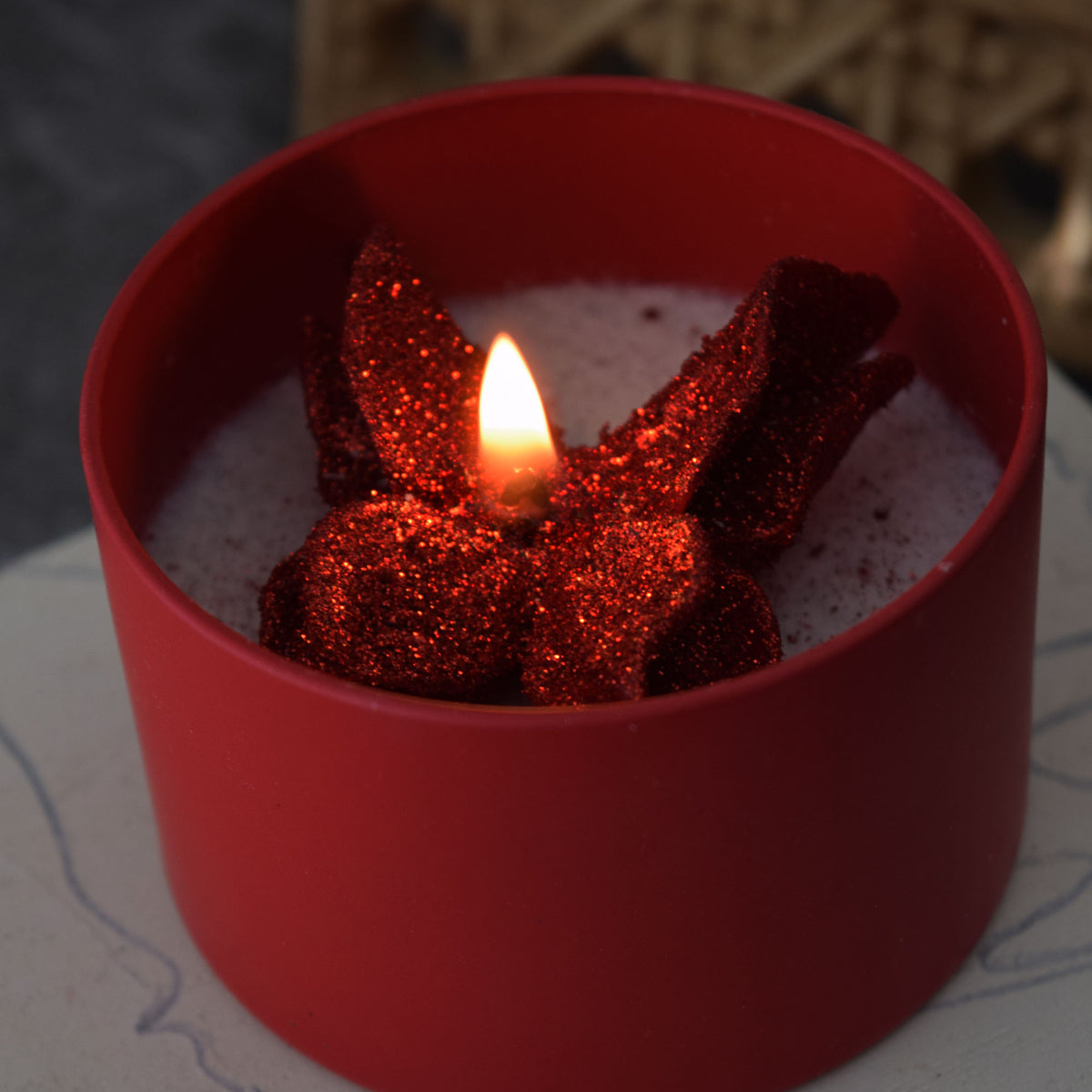 Red Butterfly Candle Frosted Tin Floral Design