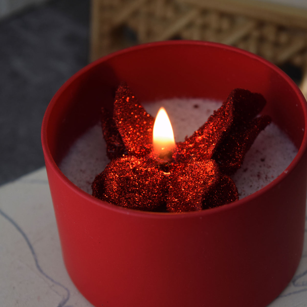 Red Butterfly Candle Frosted Tin Floral Design