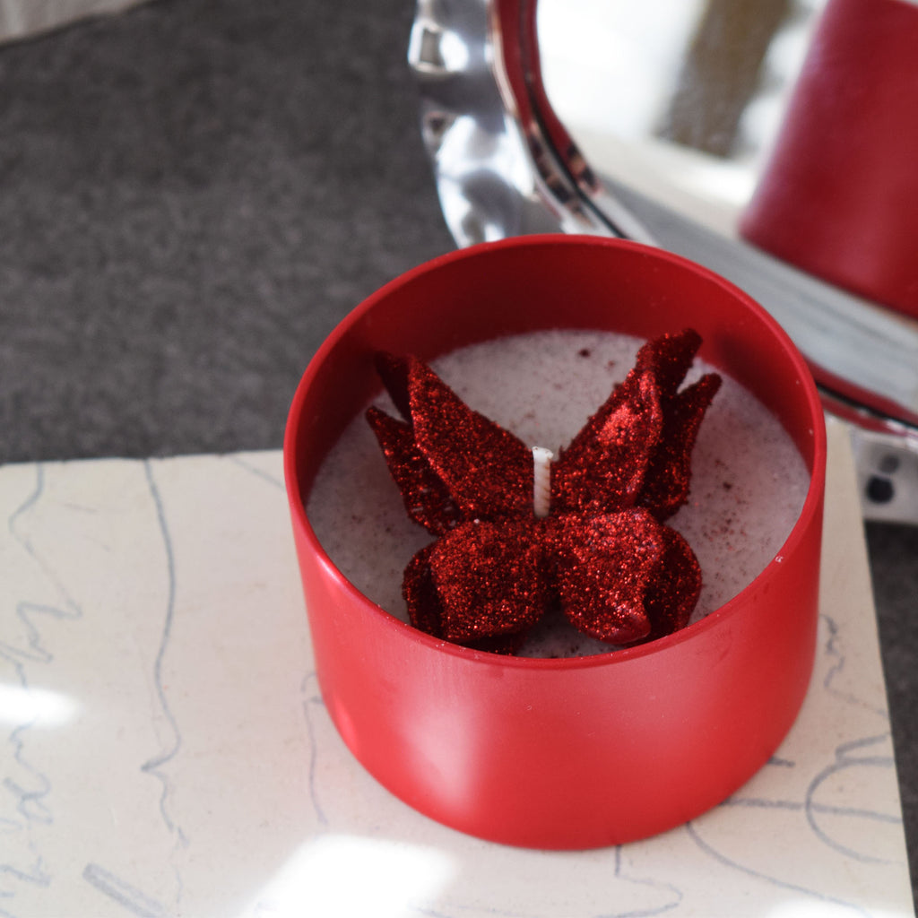 Red Butterfly Candle Frosted Tin Floral Design