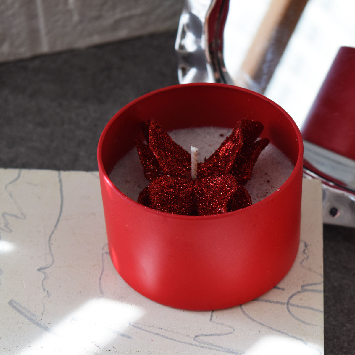 Red Butterfly Candle Frosted Tin Floral Design