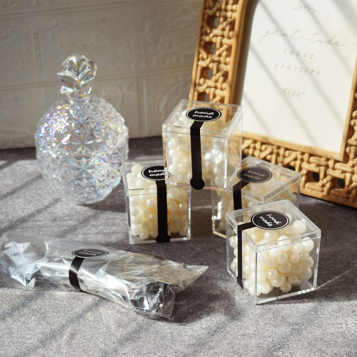 Pearl Beeswax Candle Pearls Gift Set Crystal Glass Jar, Refillable