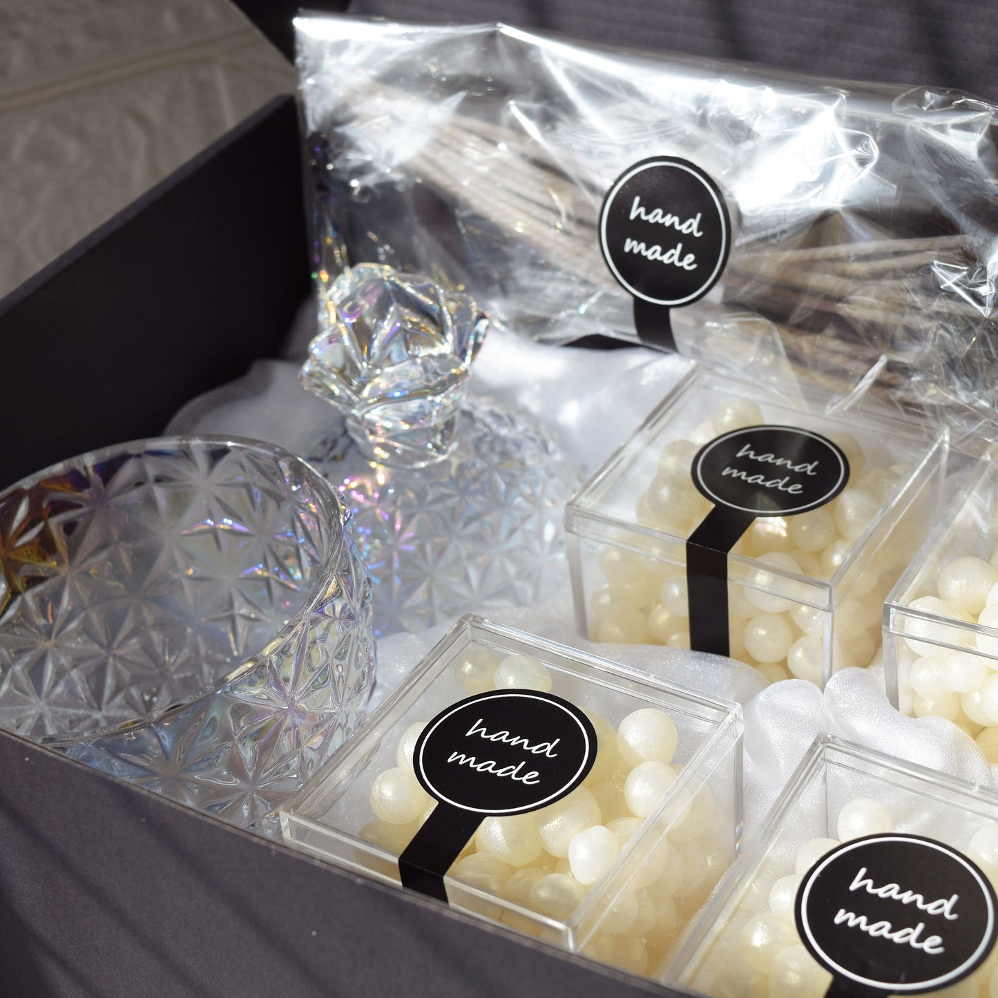 Pearl Beeswax Candle Pearls Gift Set Crystal Glass Jar, Refillable