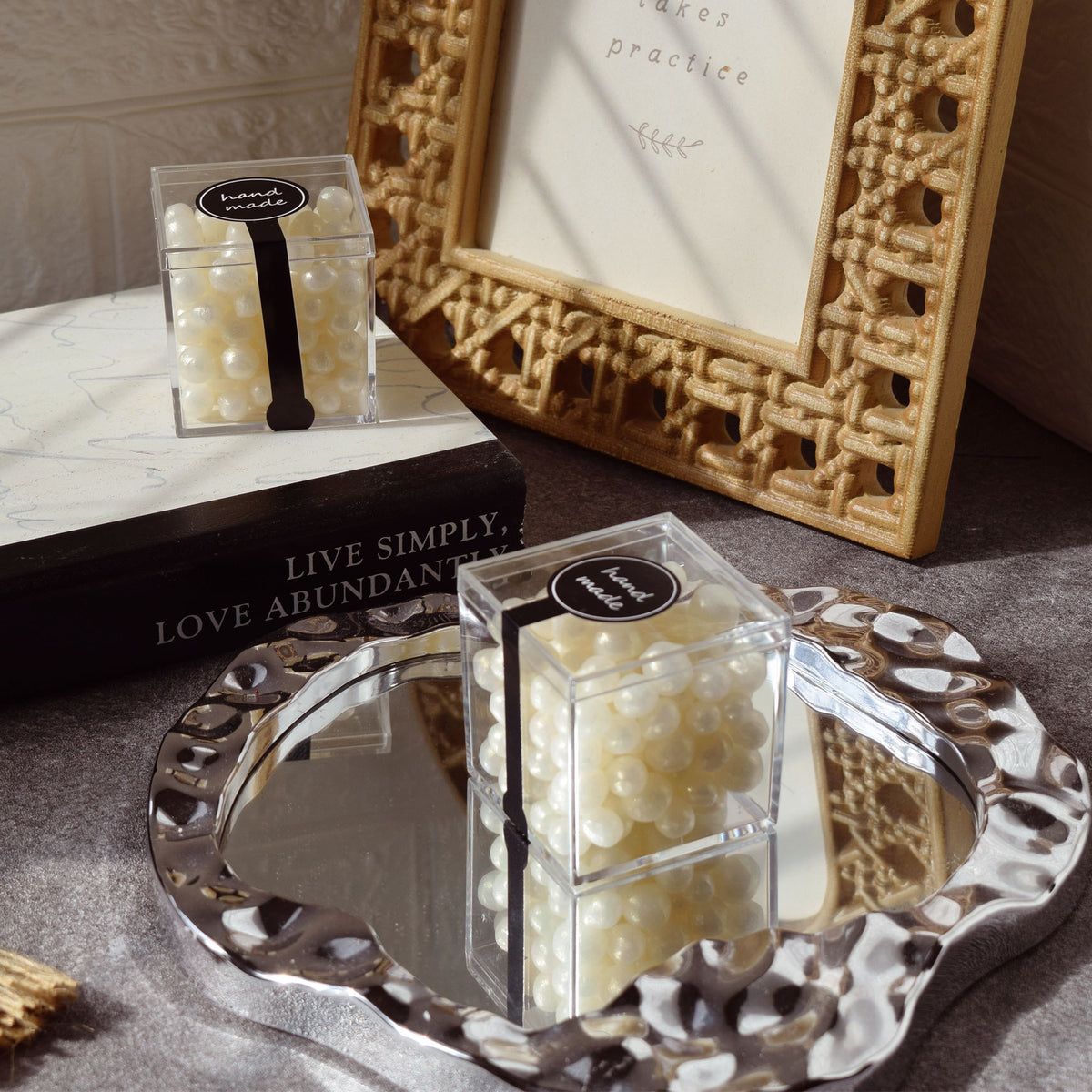 Pearl Beeswax Candle Pearls Gift Set Crystal Glass Jar, Refillable